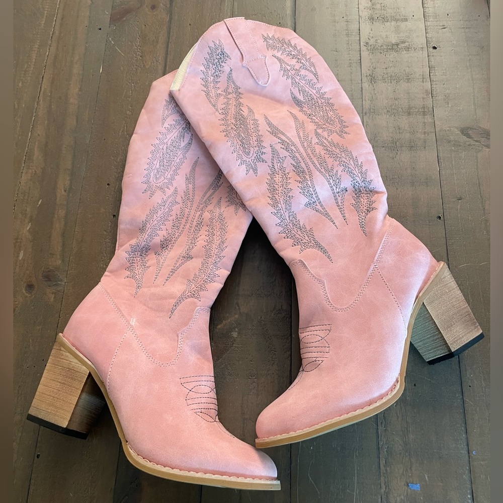 Pink Heeled Boots with Embroidered Design